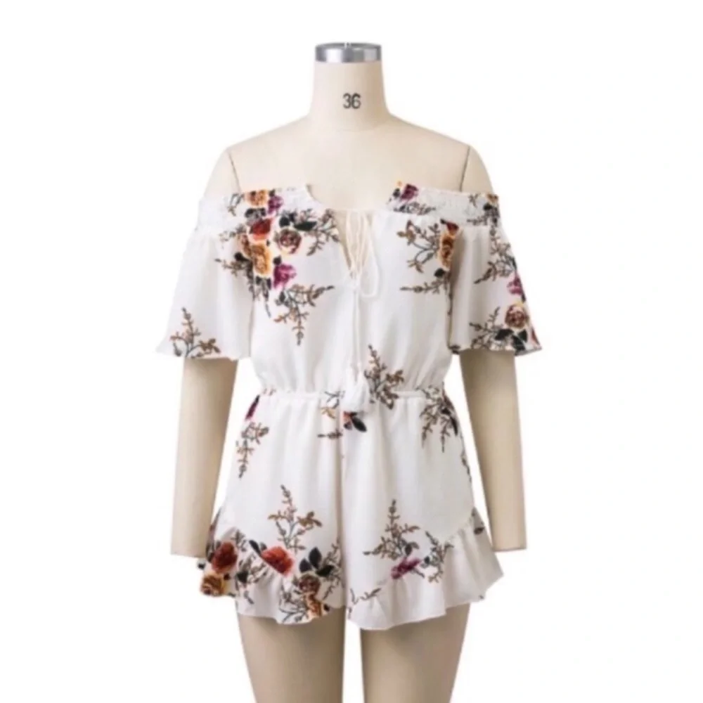 Cottage Floral Off Shoulder Ruffled Tie Front Romper - Picture 6 of 7